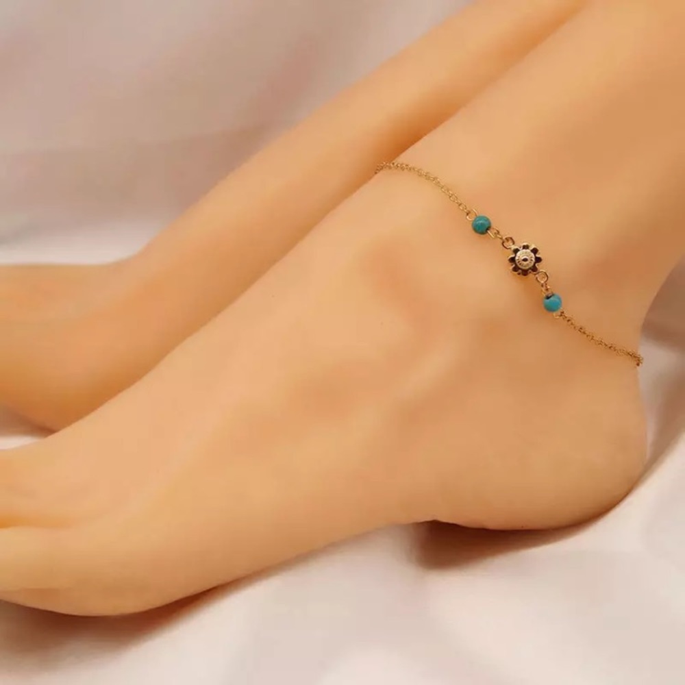 Turquoise and Gold Color Flower Anklet